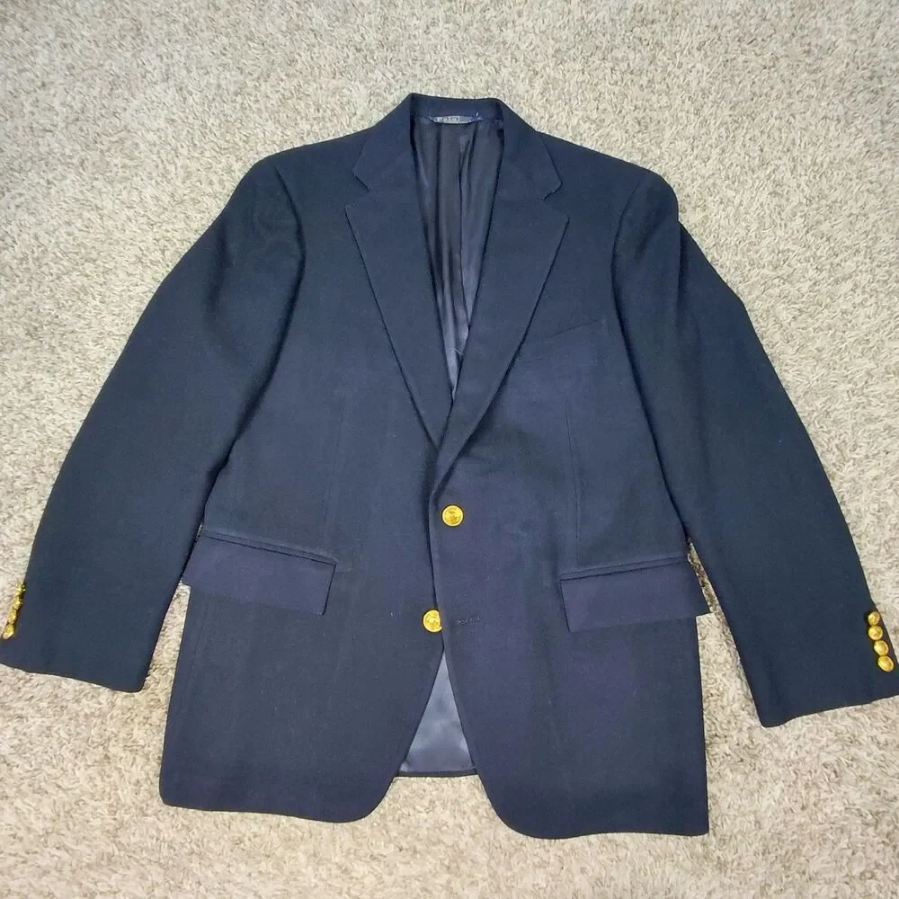 Vintage Polo Ralph Lauren Blazer Mens 42L Navy Blue Wool Gold Buttons Two Button